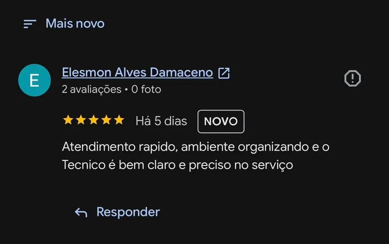 Avaliação de 5 estrelas no Google de Elesmon Alves Damaceno: Atendimento rápido, ambiente organizado e o técnico é bem claro e preciso no serviço.